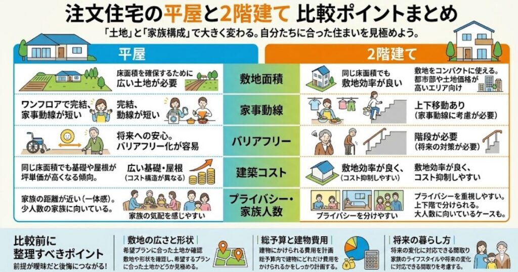 注文住宅の平屋と2階建ての比較ポイント