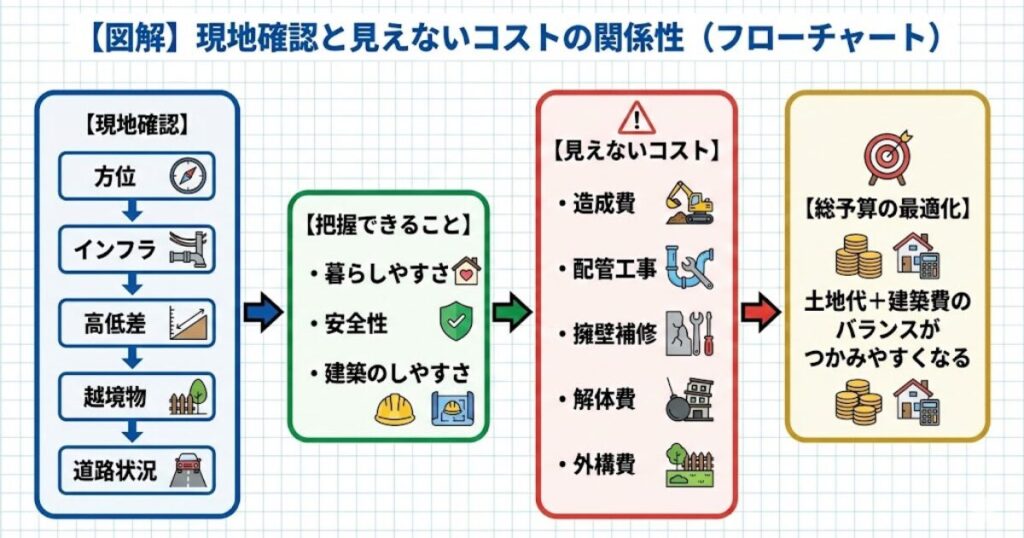 フローチャート

【現地確認と見えないコストの関係性】

【現地確認】
方位 → インフラ → 高低差 → 越境物 → 道路状況
　　　　　↓
【把握できること】
暮らしやすさ・安全性・建築のしやすさ
　　　　　↓
【見えないコスト】
造成費／配管工事／擁壁補修／解体費／外構費
　　　　　↓
【総予算の最適化】
土地代＋建築費のバランスがつかみやすくなる