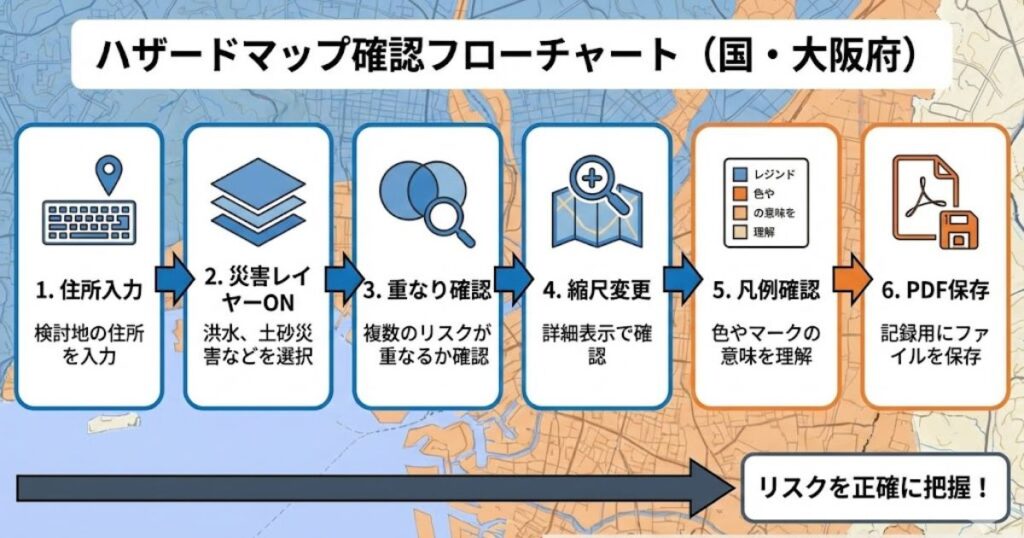 （フローチャート）：住所入力→災害レイヤーON→重なり確認→縮尺変更→凡例確認→PDF保存