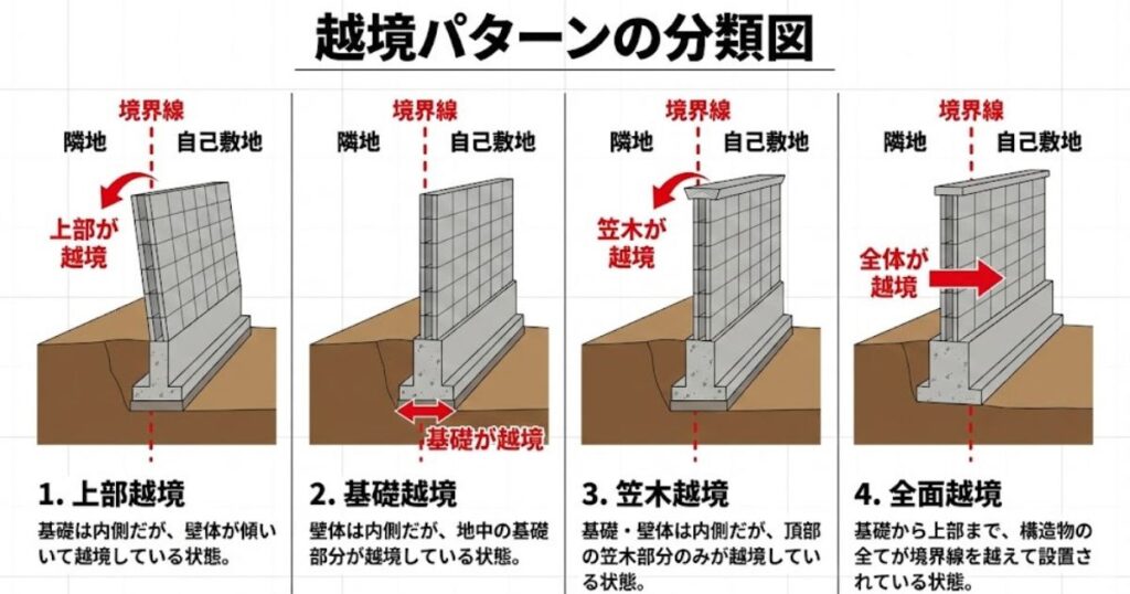 （比較・分類）：越境パターンの分類図（上部越境、基礎越境、笠木越境、全面越境）