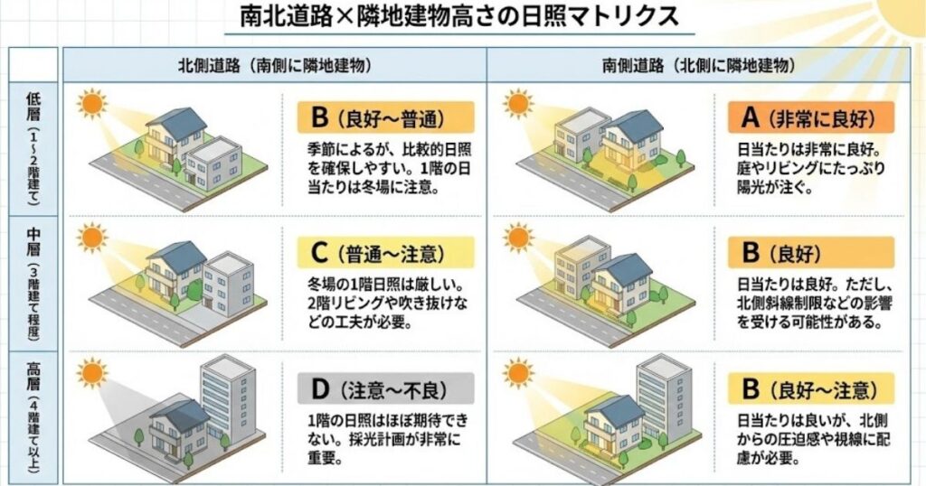  内容_ 南北道路×隣地建物高さのマトリクス。日照の得やすさをランク表示。