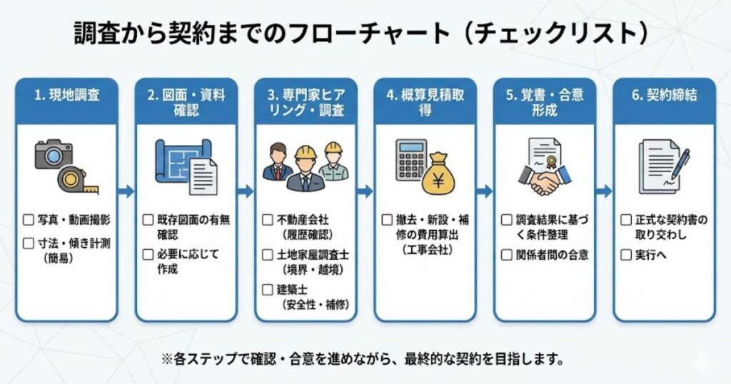 （チェックリスト）：現地→図面→専門家→見積→覚書→契約の順序
