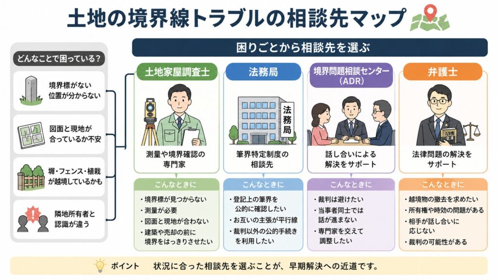 土地の境界線トラブルの相談先マップ