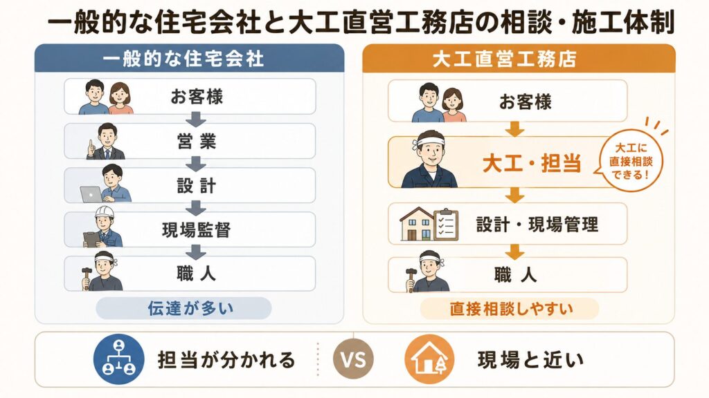 一般的な住宅会社と大工直営工務店の相談・施工体制