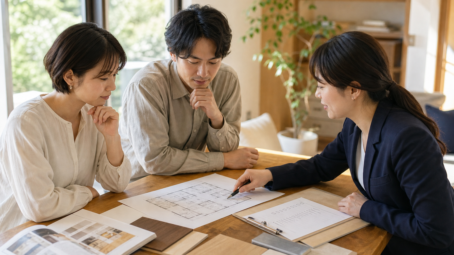 間取り図を見ながら収納計画を相談する家族と担当者