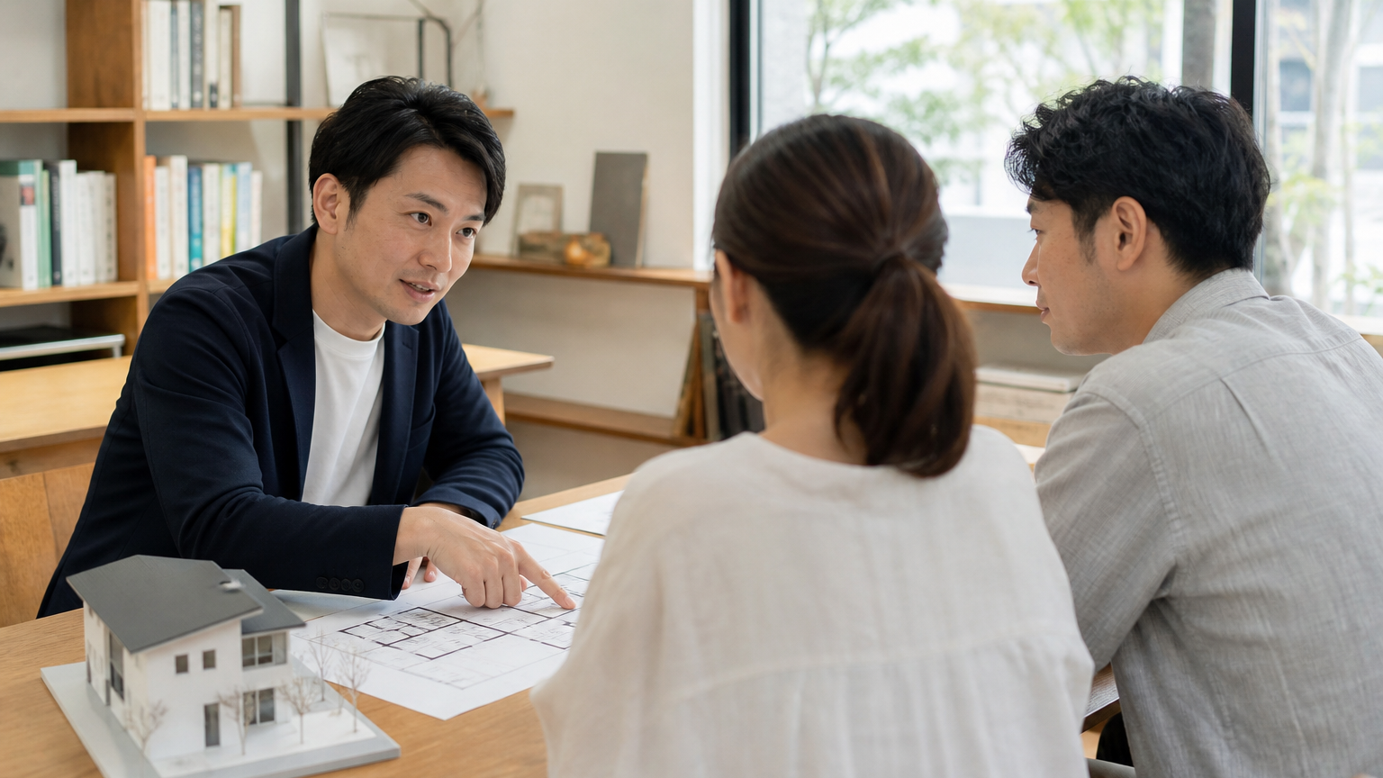 注文住宅の図面を見ながら設計士と相談する夫婦