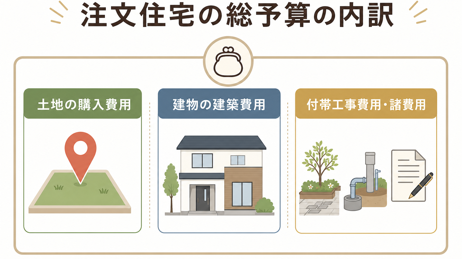 注文住宅の総予算を土地・建物・付帯工事や諸費用に分けて考える図